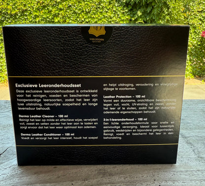 NIEUW – Complete 7-delige Leeronderhoudsset 100 ml Reinigen, Verzorgen & Beschermen, Borstel, Applicatiespons, Microvezeldoek